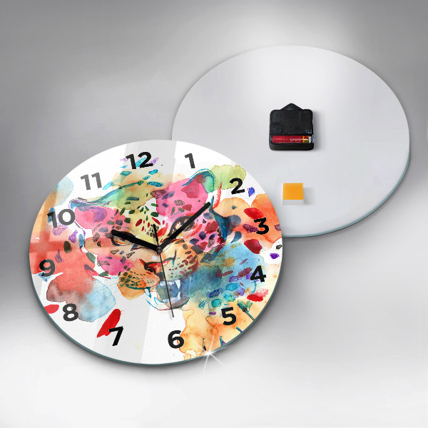 Round glass clock Abstract wild cat