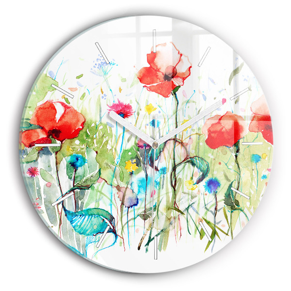 Round glass clock Flowers in the meadow