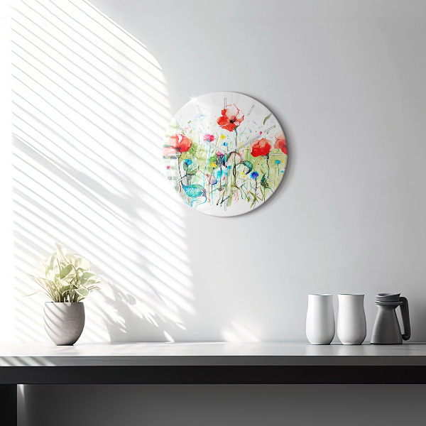 Round glass clock Flowers in the meadow