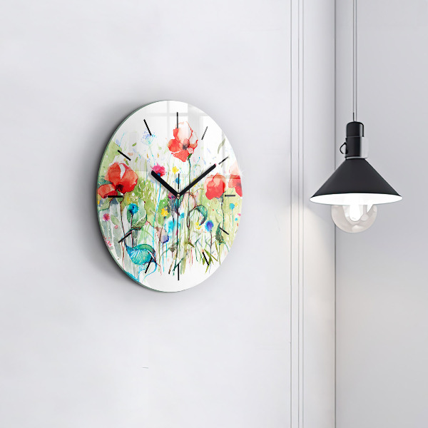Round glass clock Flowers in the meadow