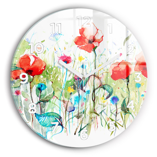 Round glass clock Flowers in the meadow