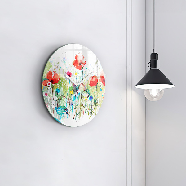 Round glass clock Flowers in the meadow