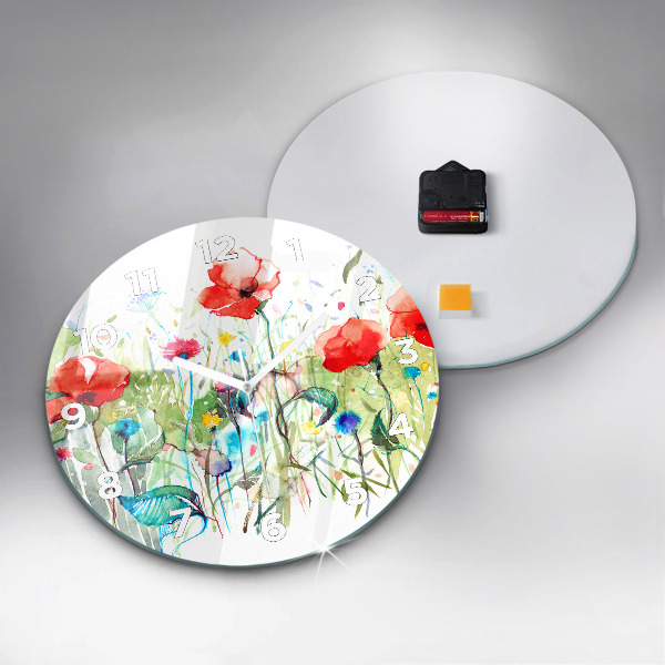 Round glass clock Flowers in the meadow