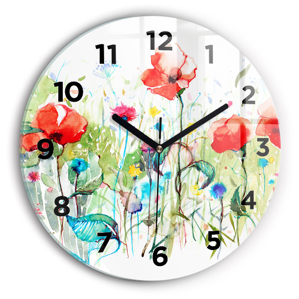 Round glass clock Flowers in the meadow
