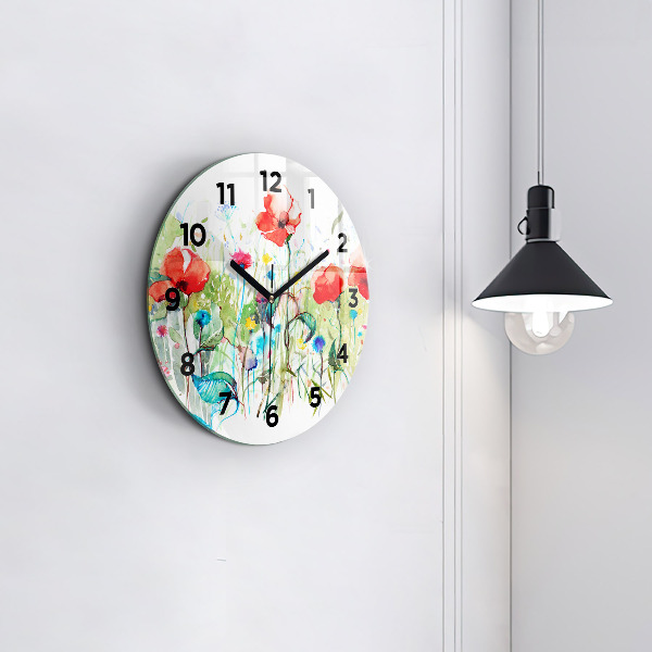 Round glass clock Flowers in the meadow