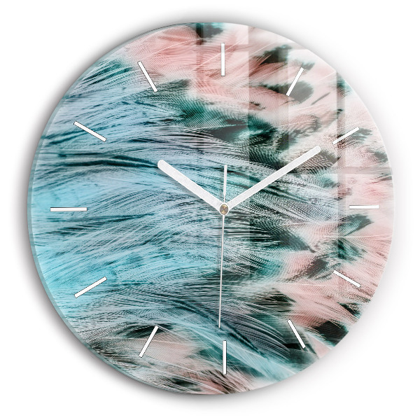Round glass clock Colorful feathers