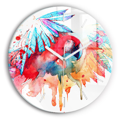 Round glass clock Colorful red parrot