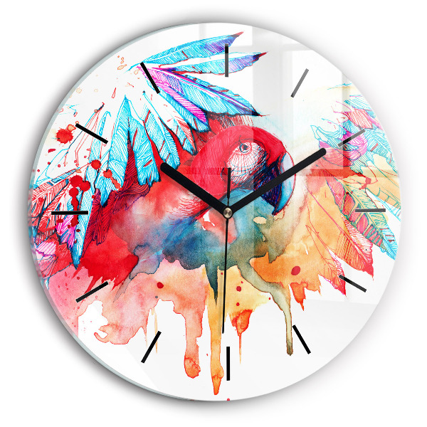 Round glass clock Colorful red parrot