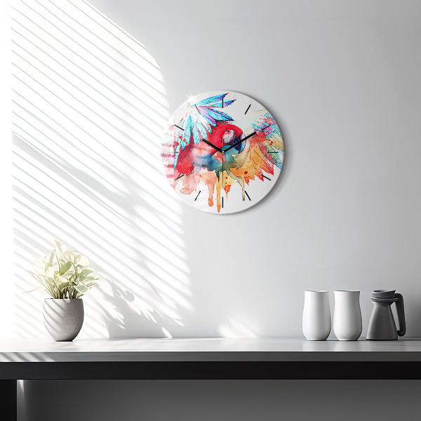 Round glass clock Colorful red parrot