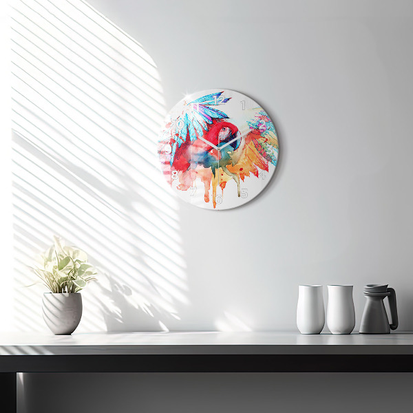 Round glass clock Colorful red parrot