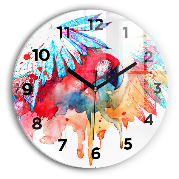 Round glass clock Colorful red parrot