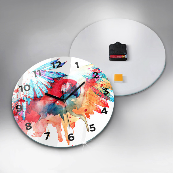 Round glass clock Colorful red parrot