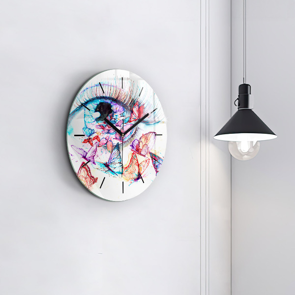 Round glass clock Colorful butterfly eye