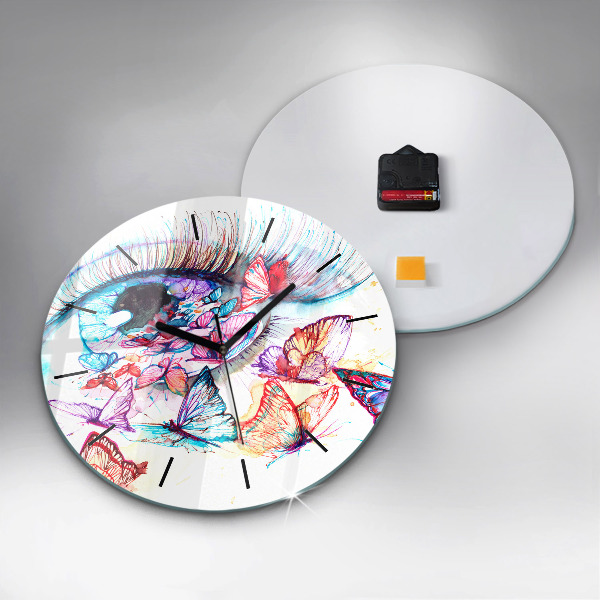 Round glass clock Colorful butterfly eye
