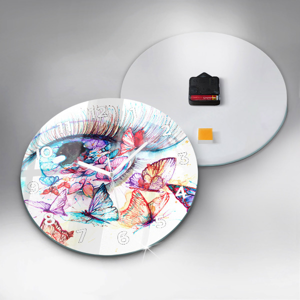 Round glass clock Colorful butterfly eye
