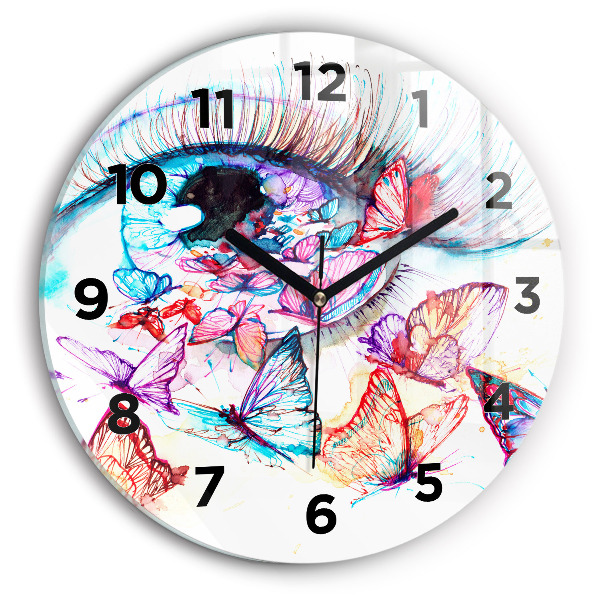 Round glass clock Colorful butterfly eye