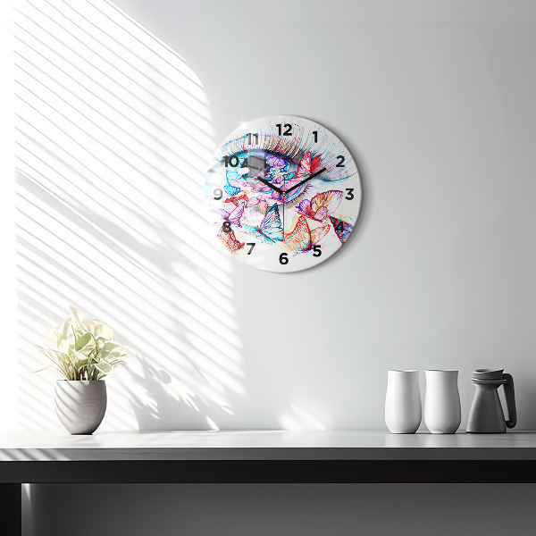 Round glass clock Colorful butterfly eye