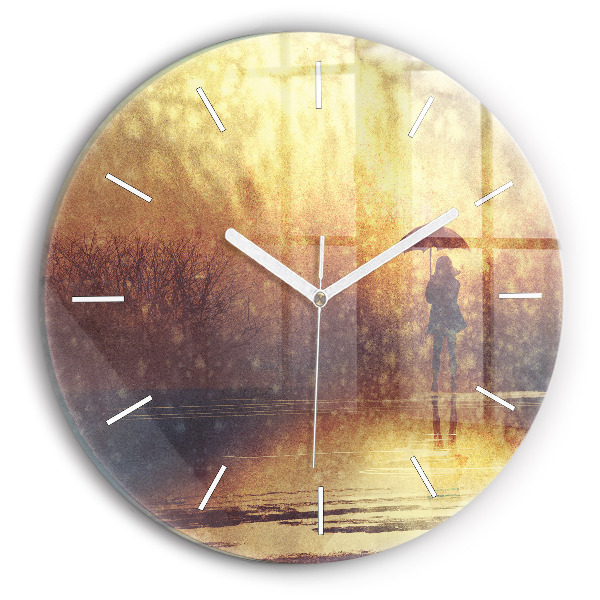 Round glass clock woman with umbrella