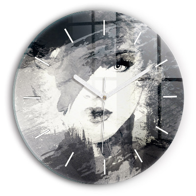 Round glass clock Woman - watercolors