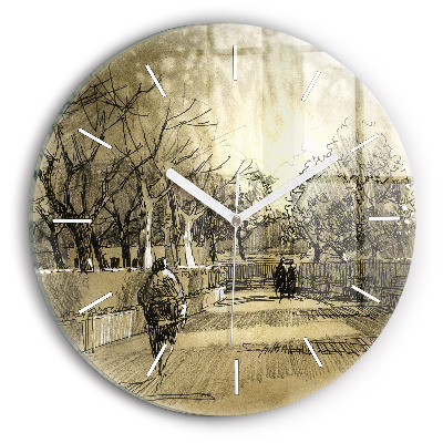 Round glass clock Park and trees in sepia