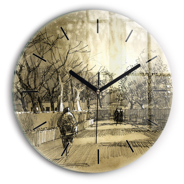 Round glass clock Park and trees in sepia