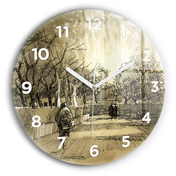 Round glass clock Park and trees in sepia