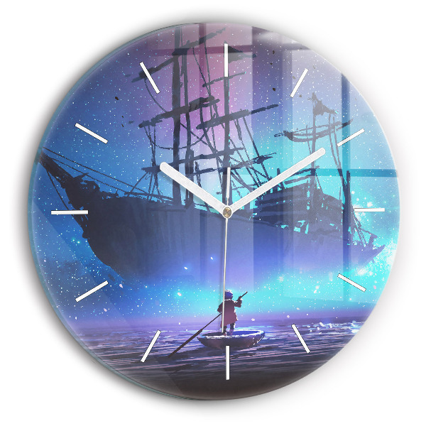 Round glass clock Fantasy sailing ship