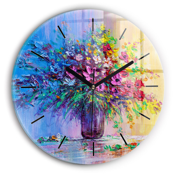 Round glass clock Flowers in a vase