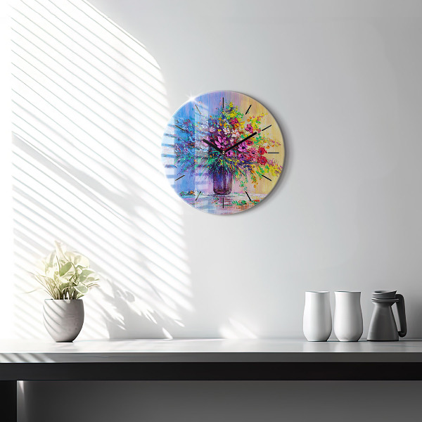 Round glass clock Flowers in a vase