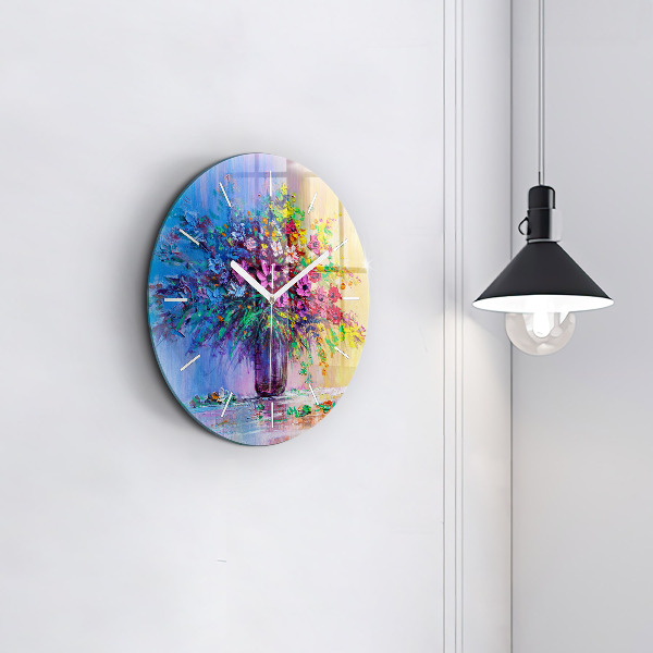 Round glass clock Flowers in a vase