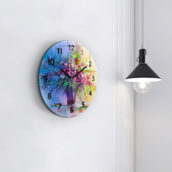 Round glass clock Flowers in a vase