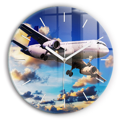 Round glass clock Airplane in the clouds