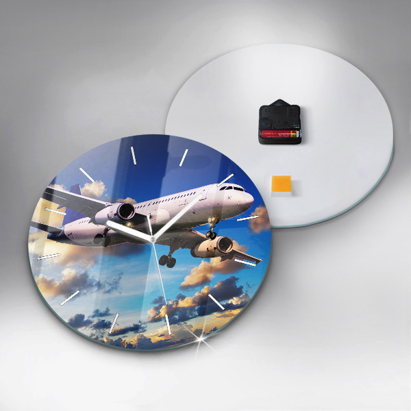 Round glass clock Airplane in the clouds