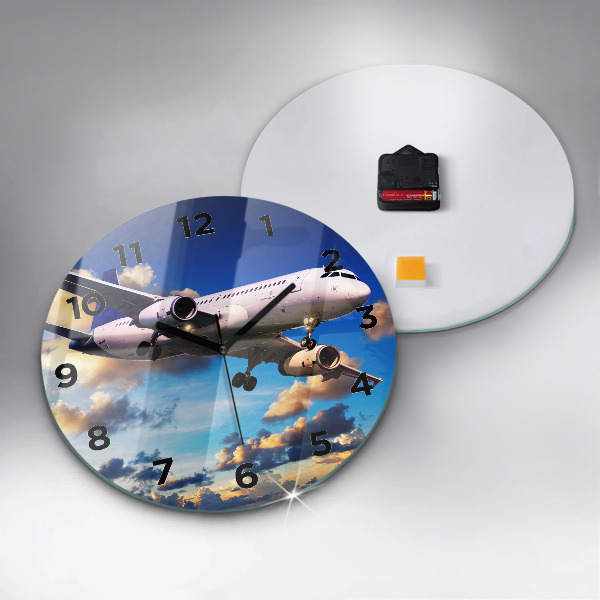 Round glass clock Airplane in the clouds
