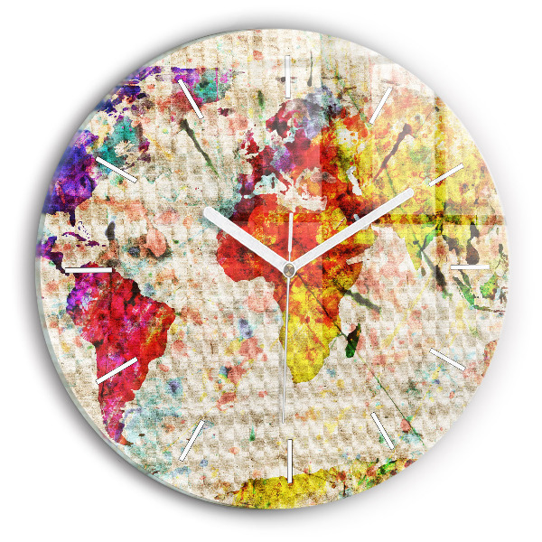 Round glass clock Colored world map