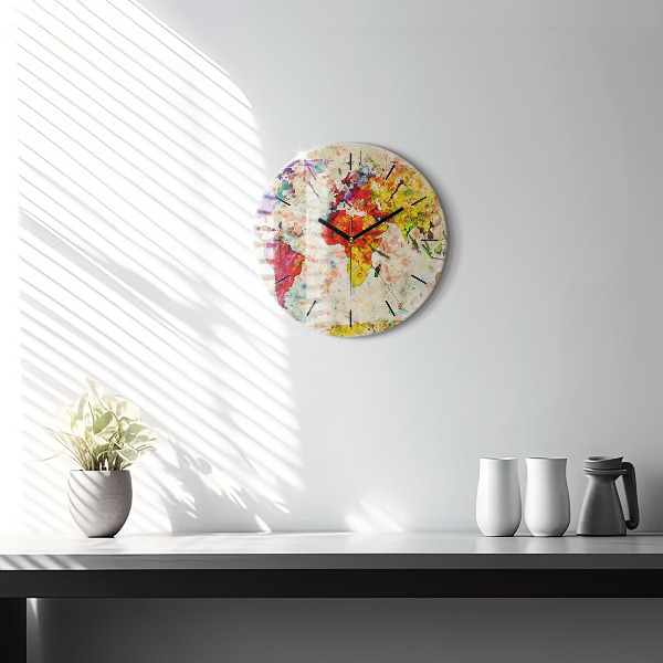 Round glass clock Colored world map