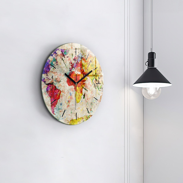 Round glass clock Colored world map