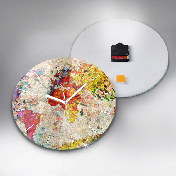 Round glass clock Colored world map