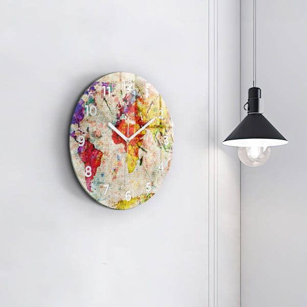 Round glass clock Colored world map