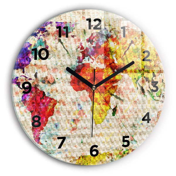 Round glass clock Colored world map