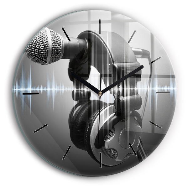 Round glass clock Microphone and Headphones