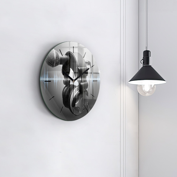 Round glass clock Microphone and Headphones