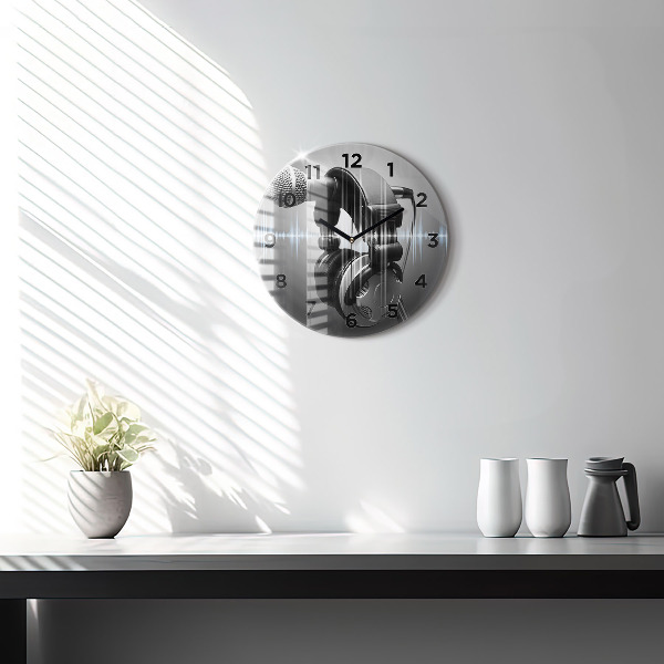 Round glass clock Microphone and Headphones
