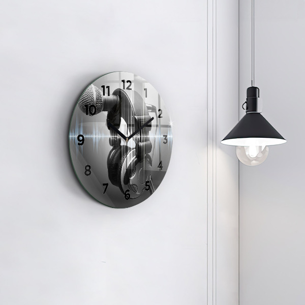 Round glass clock Microphone and Headphones