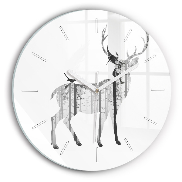 Round glass clock Silhouette of a deer Forest
