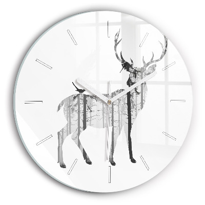 Round glass clock Silhouette of a deer Forest