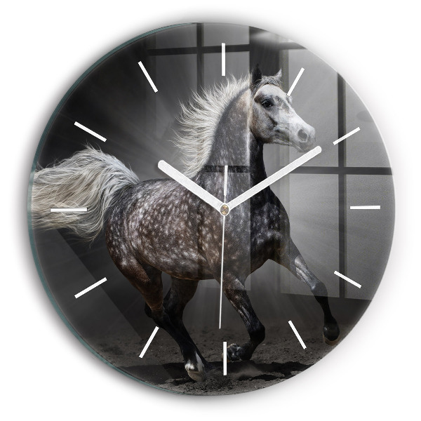 Round glass clock Galloping horse