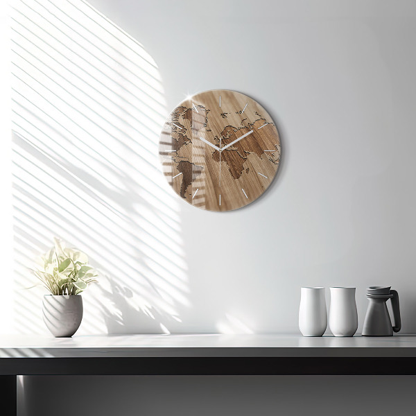 Round glass clock World map on wood
