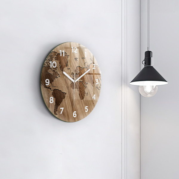 Round glass clock World map on wood