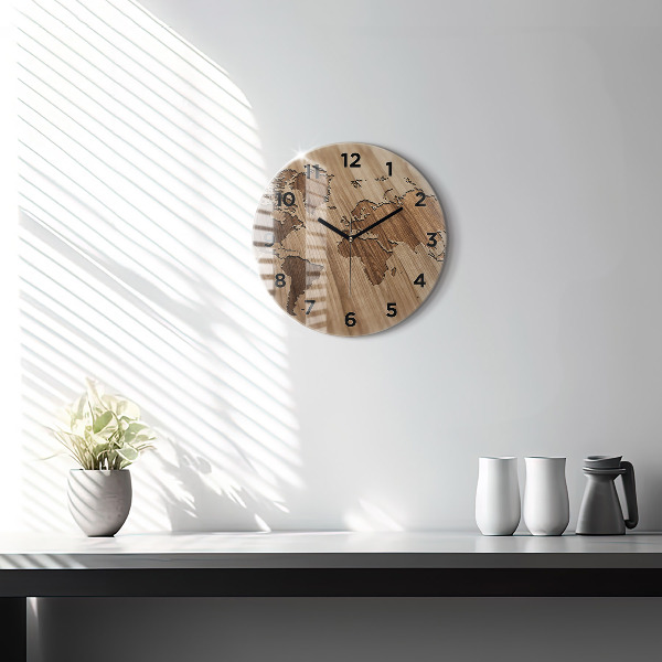 Round glass clock World map on wood